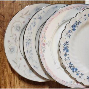 4- Mismatched Floral Silver Rim Fine China Dessert Cake Plates ~6.25" Porcelain